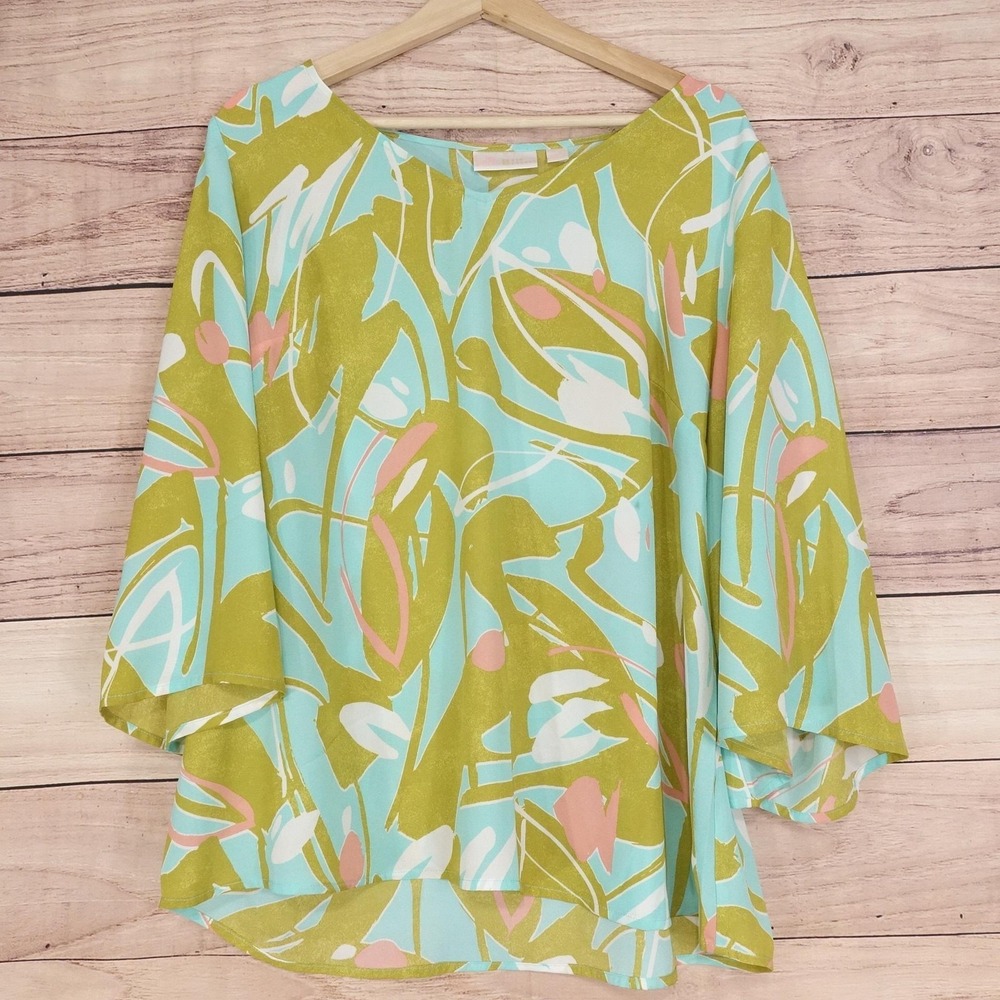 Belle By Kim Gravel Blouse Womens L Multi Boat Neck Kimono Sleeve Woven
